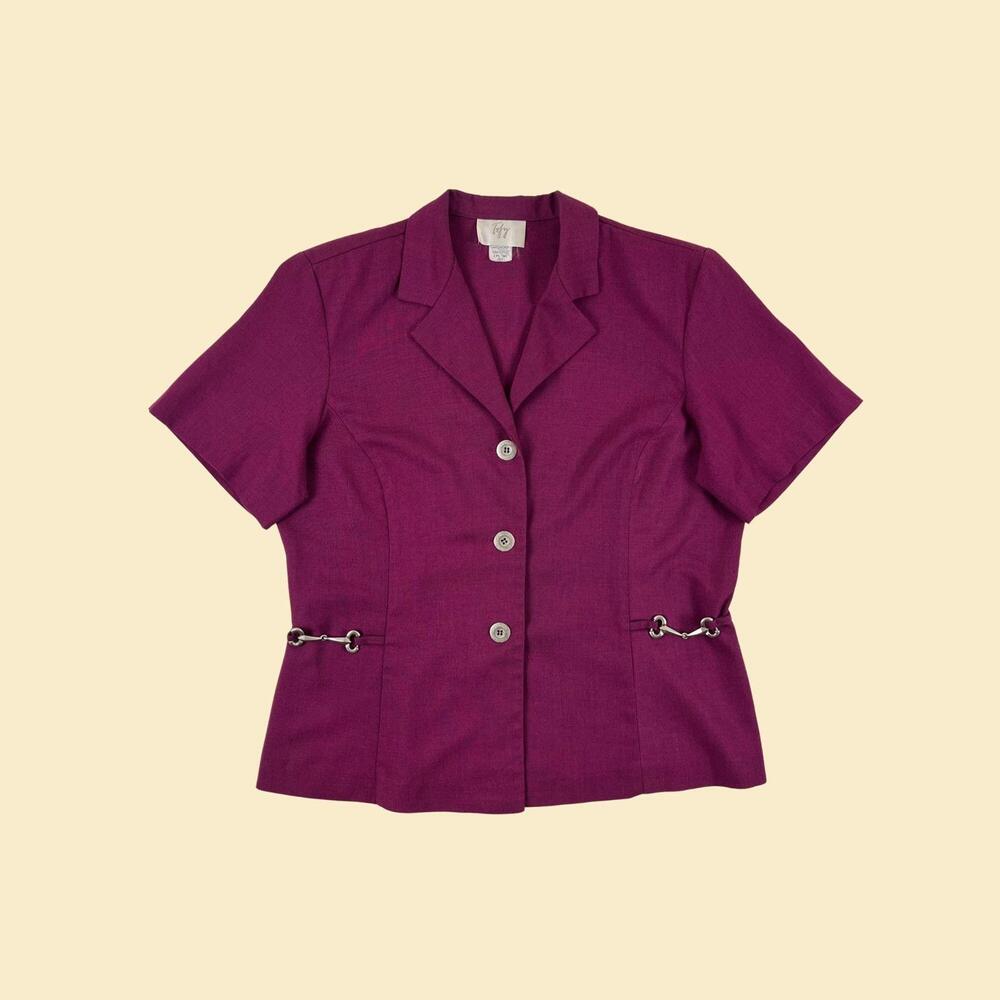 Vintage Toby 80s purple blouse, size 16T button down 1980s short sleeve top
